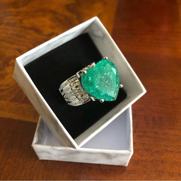 Ladies elegant large paraiba tourmaline emerald heart stone 925 ring 10 NIB - Picture 1 of 15